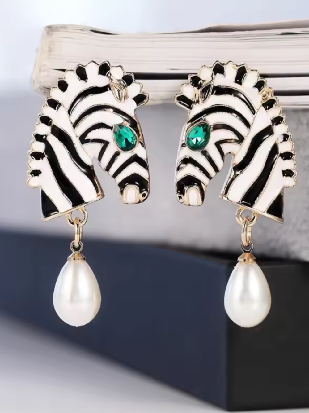 Anthropologie Zebra Enamel Drop Earrings with Emerald Accent & Pearl Teardrops